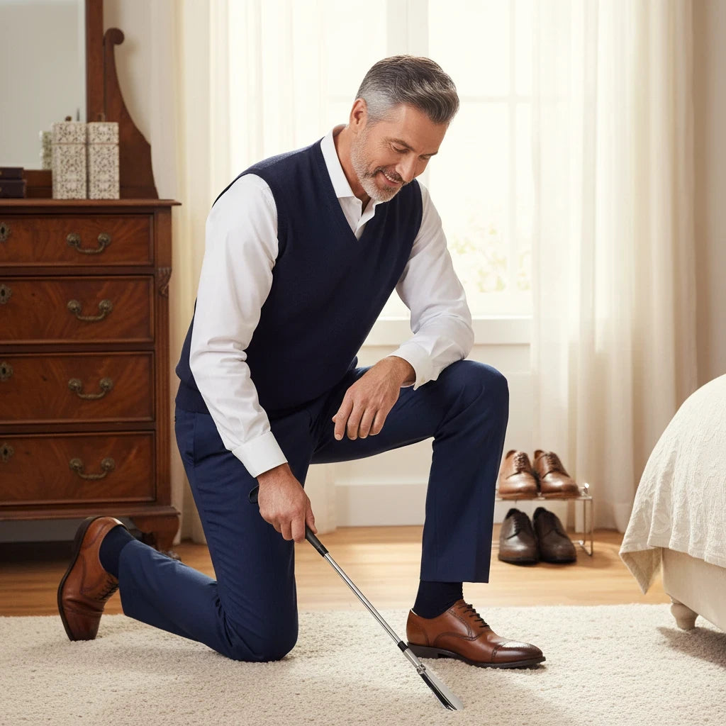 Allen's Bootery 24-inch Jockey shoe horn with spring action, used by a man kneeling to put on brown leather shoes.
