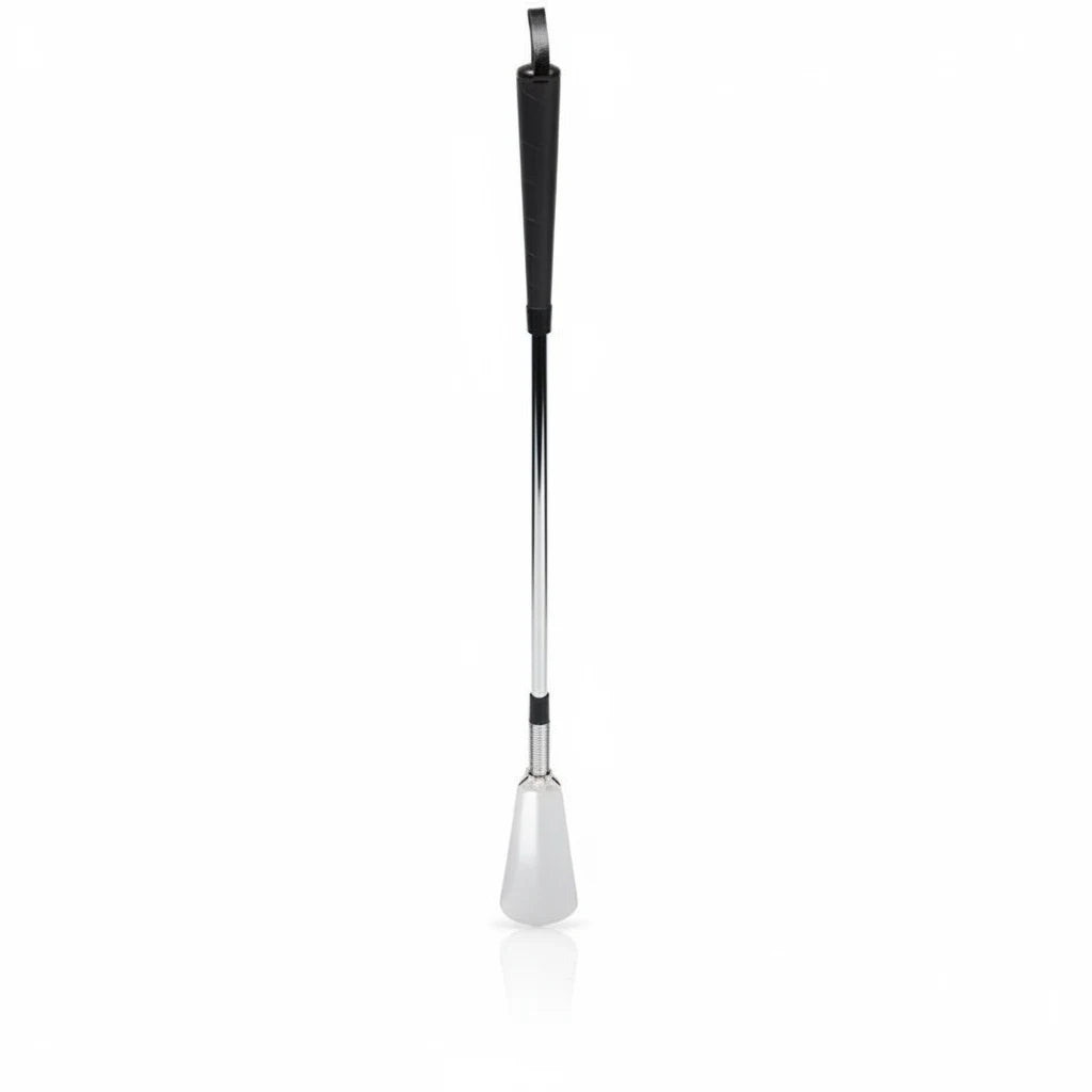 Allen's Bootery 24-inch long-handled Jockey shoe horn with a black grip and flexible spring neck for easy use.