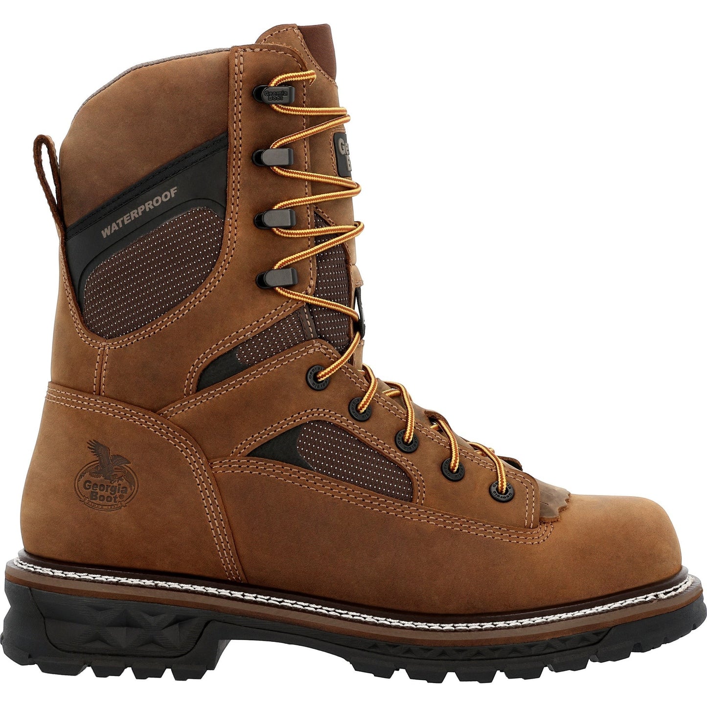 Allen's Bootery Georgia Boot LTX Logger 9-inch waterproof work boot in brown leather with composite toe and lace-up design.