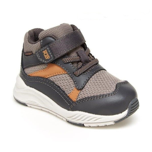 Allen's Bootery Little Kid's Made2Play Wilson Asphalt high-top sneakers in grey and brown with hook and loop closure.