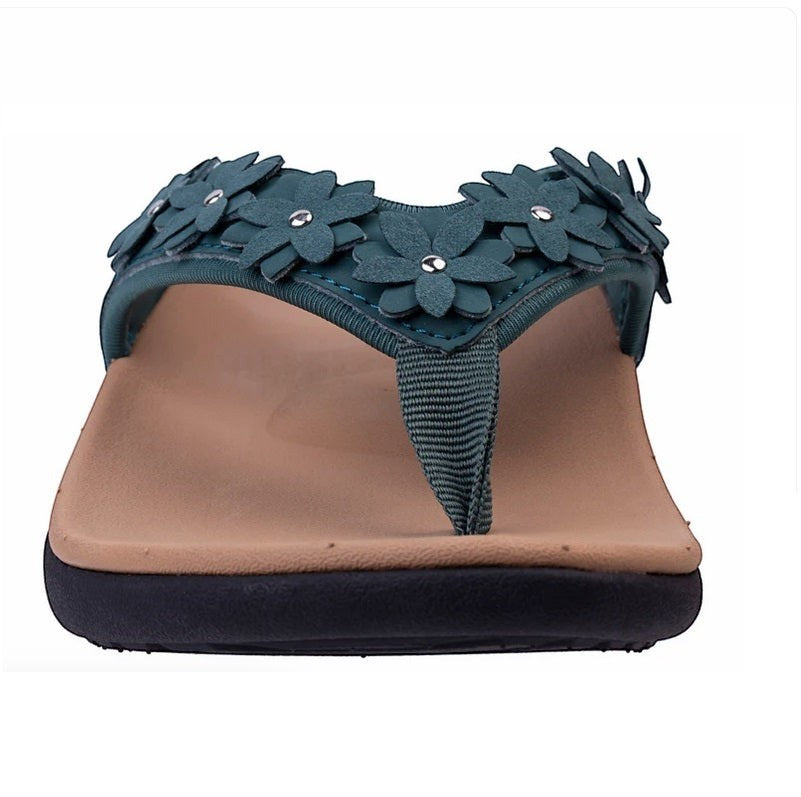 Allen's Bootery Yumi Belize mallard green thong sandal with floral embellishments and orthotic footbed