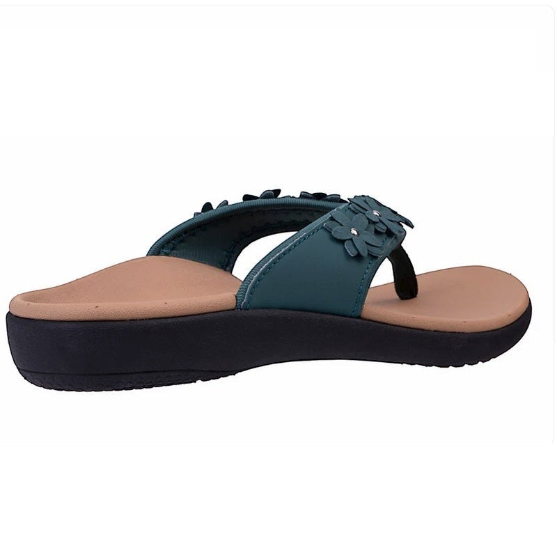 Allen's Bootery Yumi Belize orthotic sandal in mallard green with floral strap details and a tan footbed.
