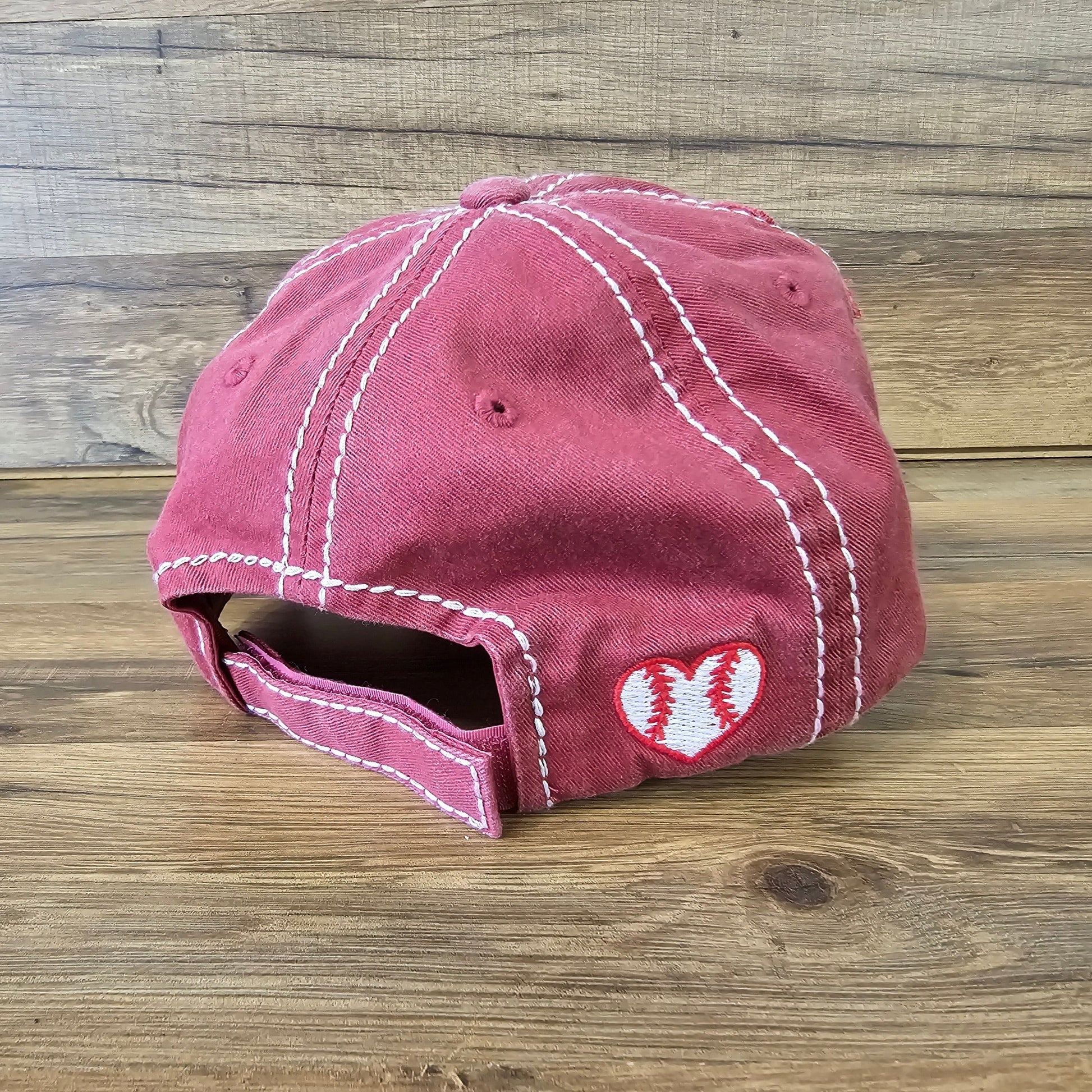 Allen's Bootery maroon baseball mom hat with white contrast stitching and a heart-shaped baseball embroidery detail.