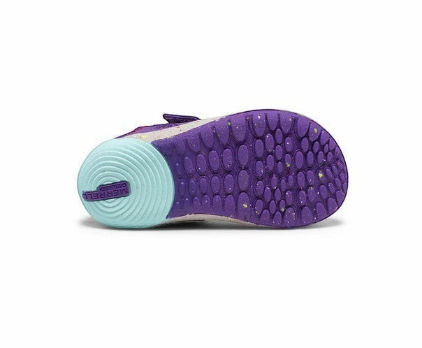 Allen's Bootery Merrell Bare Steps H2O toddler water shoe showing the purple and turquoise flexible rubber outsole