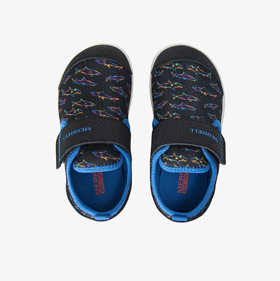 Allen's Bootery Merrell Bare Steps H2O water shoes in black with a colorful shark print and royal blue trim.