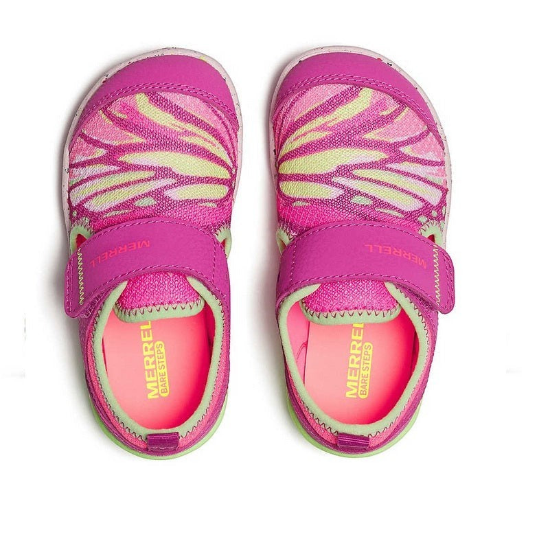 Allen's Bootery Merrell Bare Steps H2O toddler water shoes in pink and lime butterfly print with wide toe box