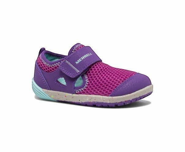 Allen's Bootery purple and turquoise Merrell Bare Steps H2O toddler water shoe with velcro strap and mesh upper