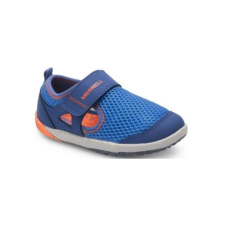 Allen's Bootery Merrell Bare Steps H2O blue and orange toddler water sneaker with hook-and-loop closure.