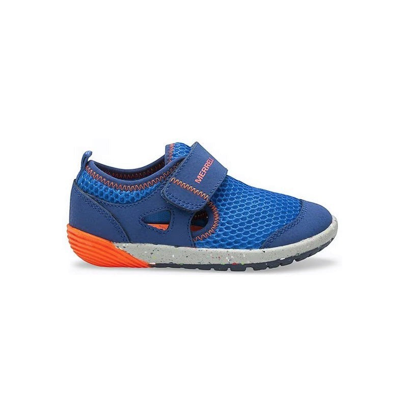 Allen's Bootery Merrell Bare Steps H2O toddler water shoe in blue and orange with a wide toe box and velcro strap.