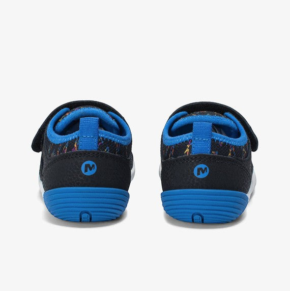 Allen's Bootery Merrell Bare Steps H2O black and royal blue water shoes with velcro closure and flexible rubber soles.