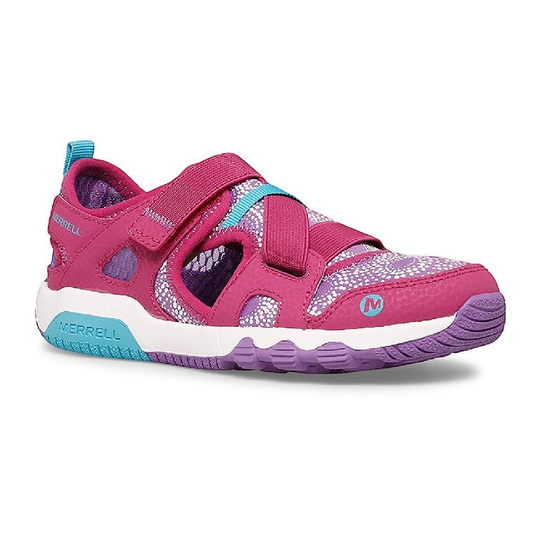 Allen's Bootery Merrell Hydro Free fuchsia water-friendly toddler sandals with cross straps and flexible outsole.