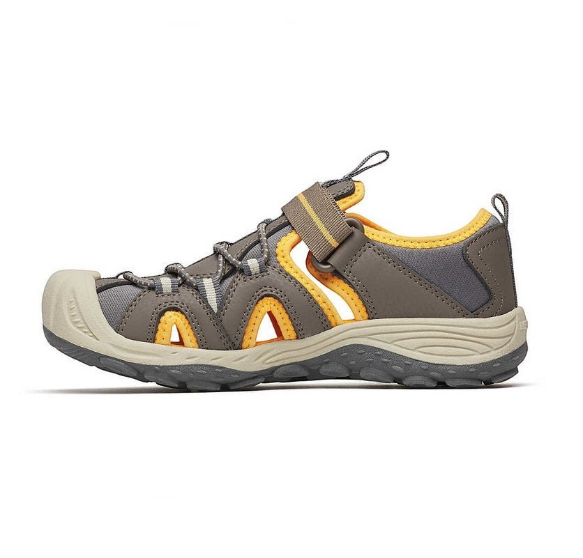 Allen's Bootery Merrell Hydro 2 kids closed-toe water sandal in brown and orange with hook-and-loop strap.