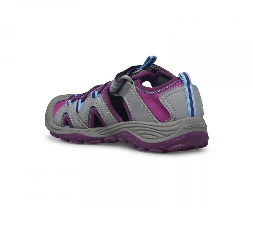 Allen's Bootery Merrell Hydro 2 kids water sandals in grey and berry with hook-and-loop strap and toe bumper.