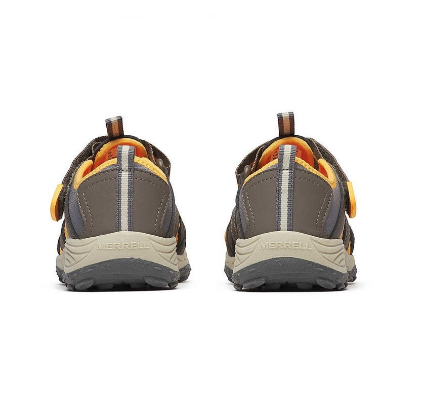 Allen's Bootery Merrell Hydro 2 big kids water sandals in brown and orange with hook-and-loop straps, back view.