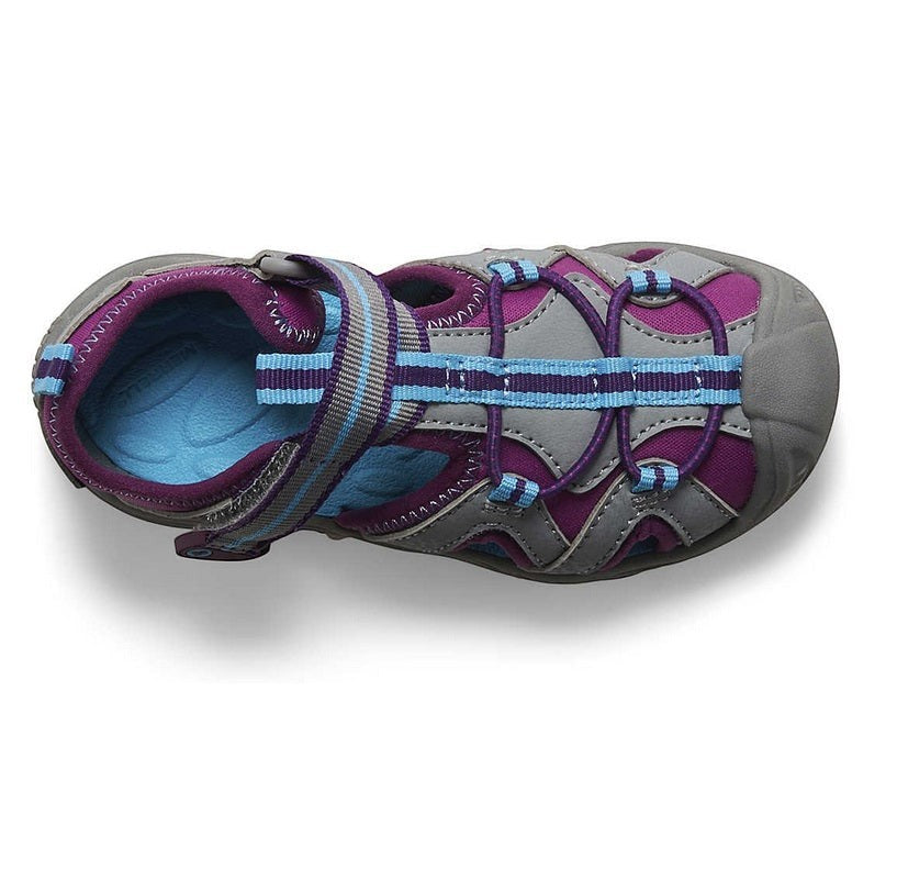 Allen's Bootery Merrell Hydro 2 infant sandal in grey and berry with hook and loop closure and protective toe bumper.