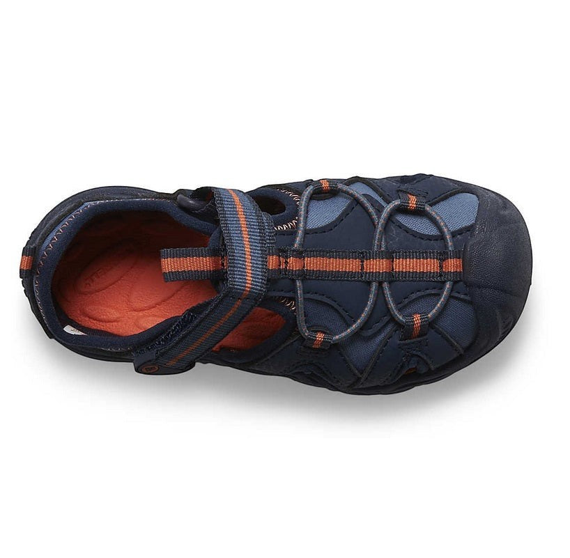 Allen's Bootery Merrell Hydro 2 Jr navy and orange water-friendly toddler sandal with hook and loop closure