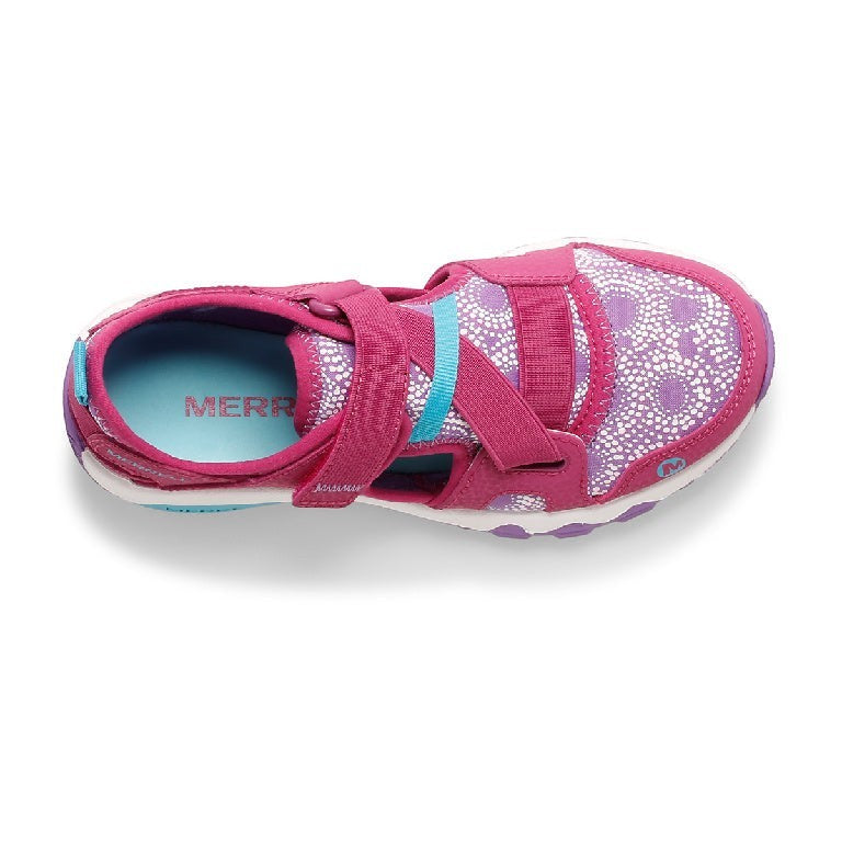 Allen's Bootery Merrell Hydro Free fuchsia water-friendly toddler sandal with cross straps and white dot pattern.
