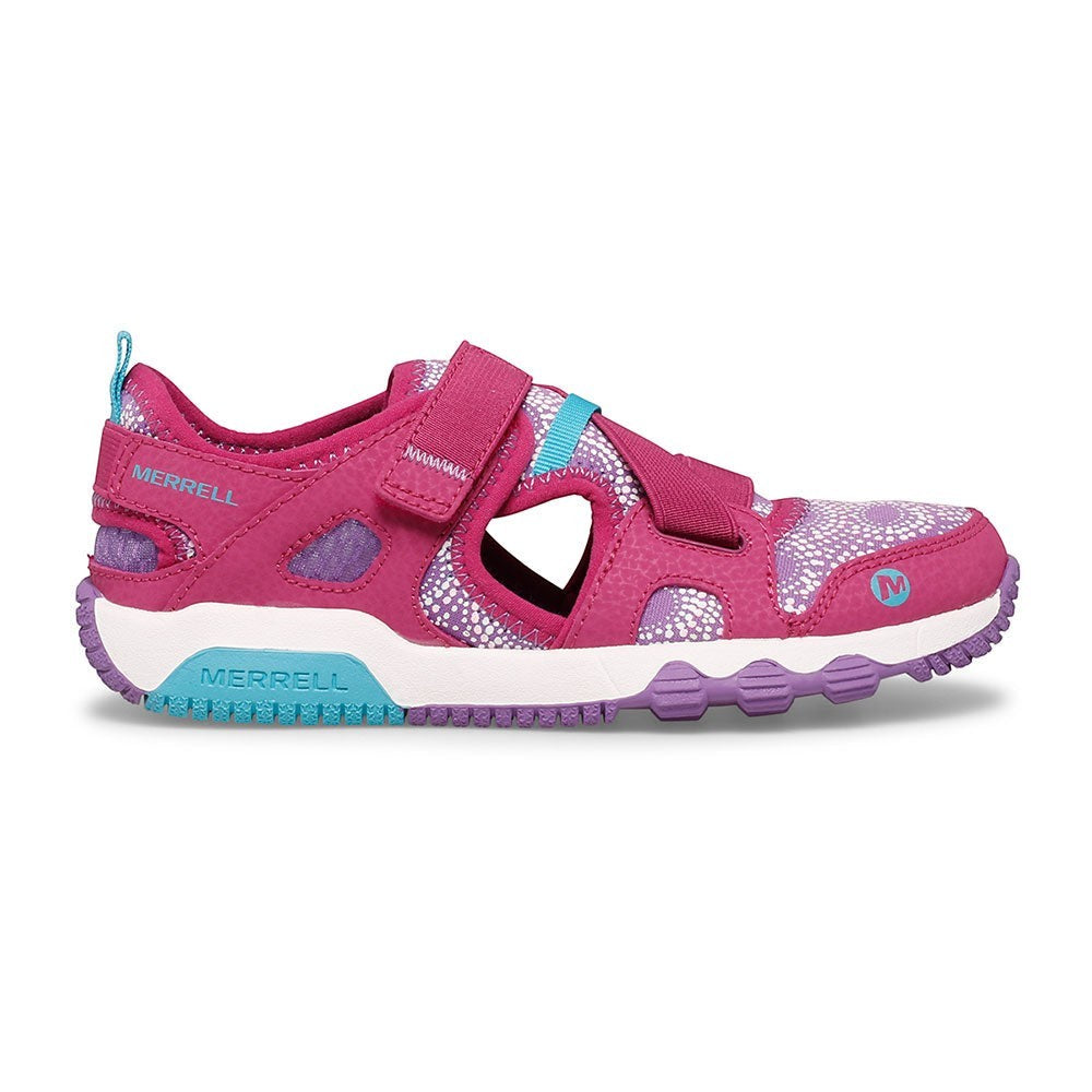 Allen's Bootery Merrell Hydro Free fuchsia water-friendly toddler sandal with cross strap and flexible outsole.