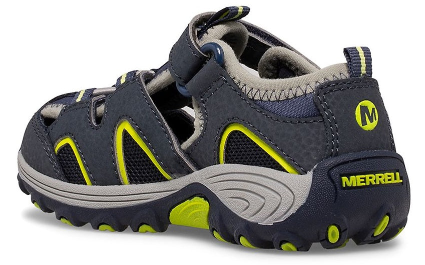 Allen's Bootery Merrell Hydro H2O Hiker toddler sandal in navy and lime with hook and loop closure and grip sole