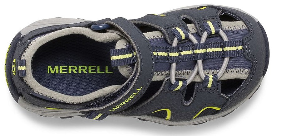 Allen's Bootery Merrell Hydro H2O Hiker toddler sandal in navy and lime with hook and loop closure and grip outsole