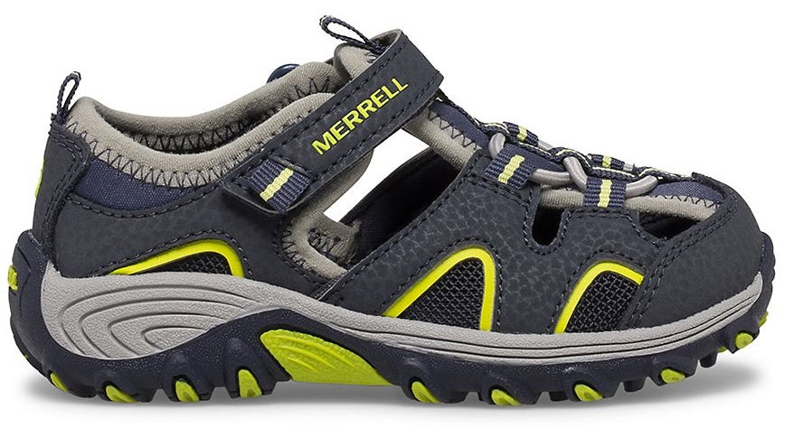 Allen's Bootery Merrell Hydro H2O Hiker toddler sandal in navy leather with lime green accents and hook-loop closure