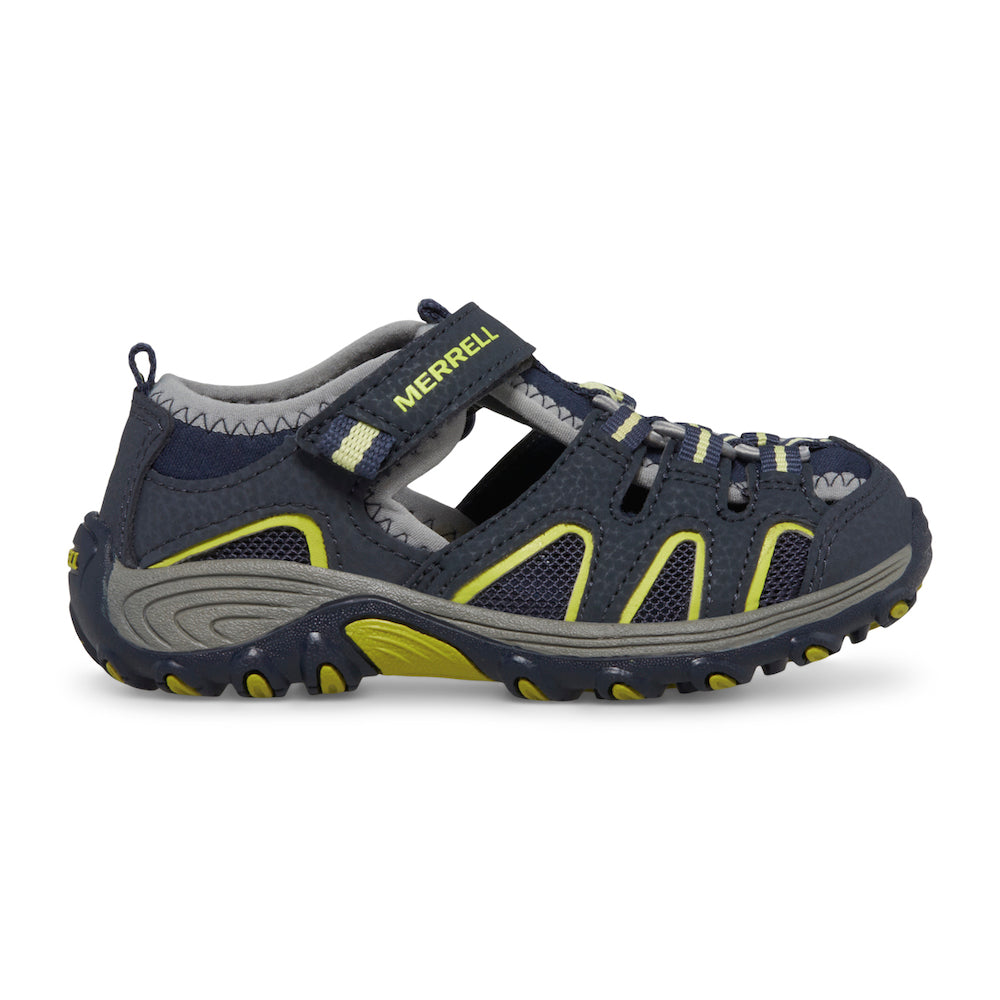 Allen's Bootery Merrell Hydro H2O hiker sandal for kids in navy leather with lime green accents and hook-loop closure.