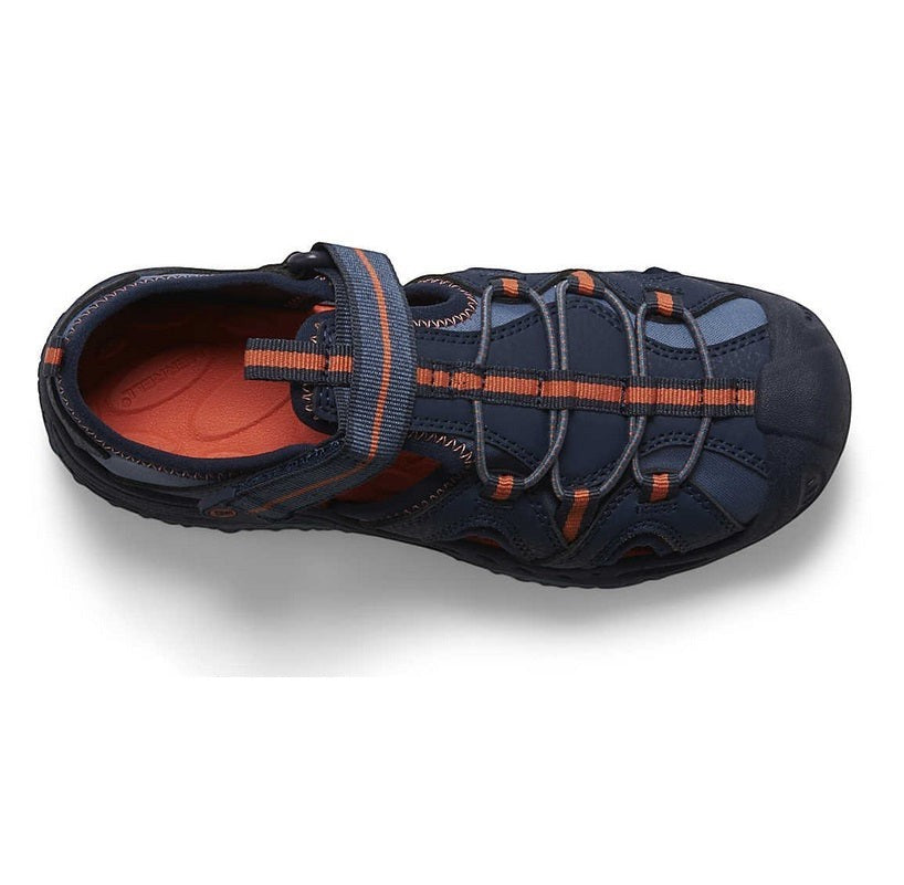 Allen's Bootery Merrell Hydro 2 kids water sandals in navy and orange with hook-and-loop closure and toe bumper.