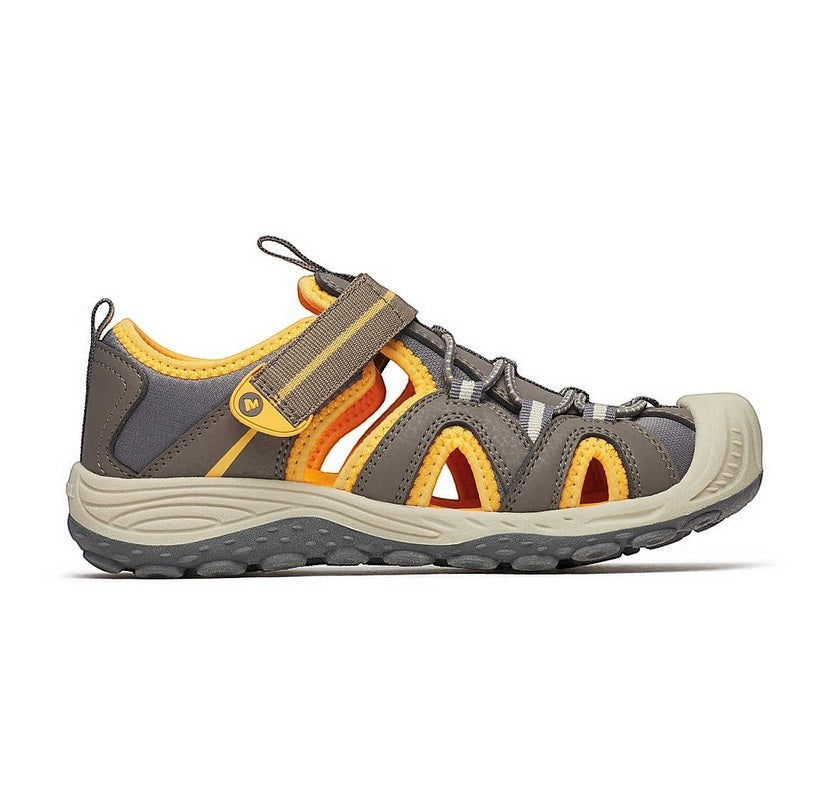 Allen's Bootery Merrell Hydro 2 brown and orange kids water-friendly closed-toe sandal with hook-and-loop strap.