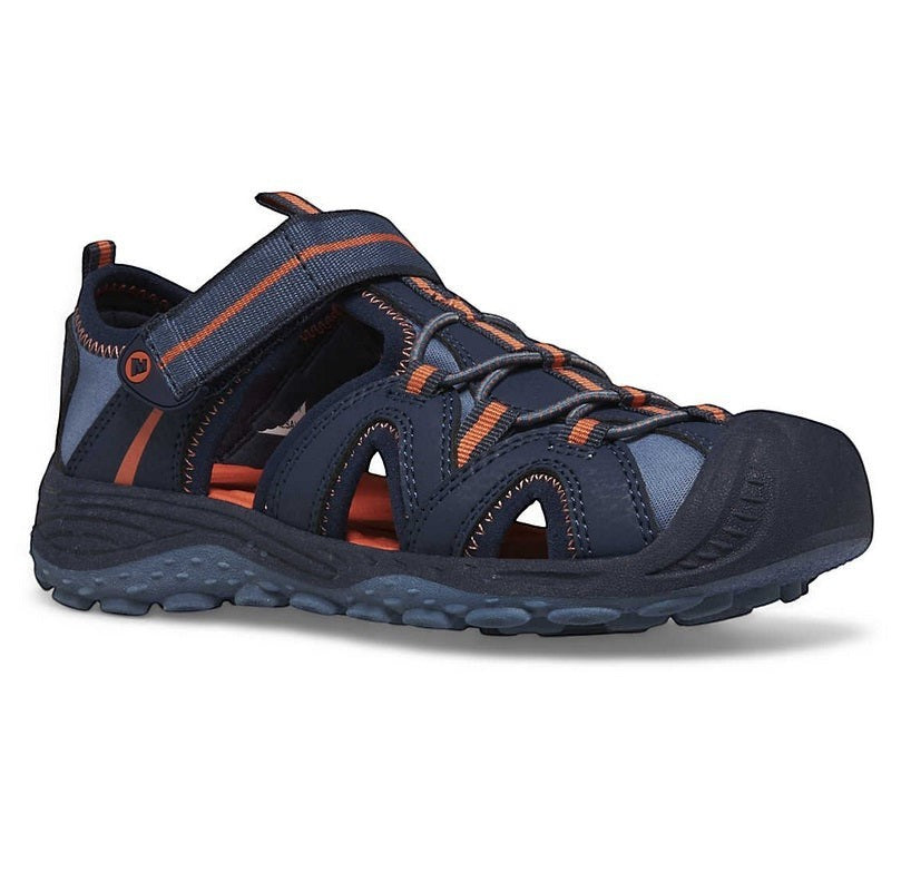 Allen's Bootery Merrell Hydro 2 kids navy and orange water-friendly closed-toe sandal with hook-and-loop strap