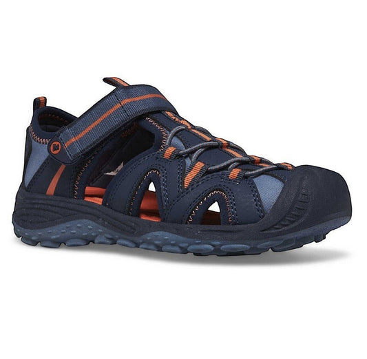 Allen's Bootery Merrell Hydro 2 kids navy and orange water-friendly closed-toe sandal with hook-and-loop strap