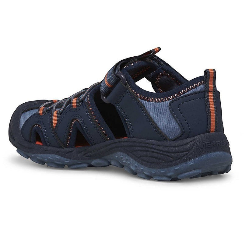 Allen's Bootery Merrell Hydro 2 navy and orange closed-toe water sandals with hook-and-loop strap and toe bumper.