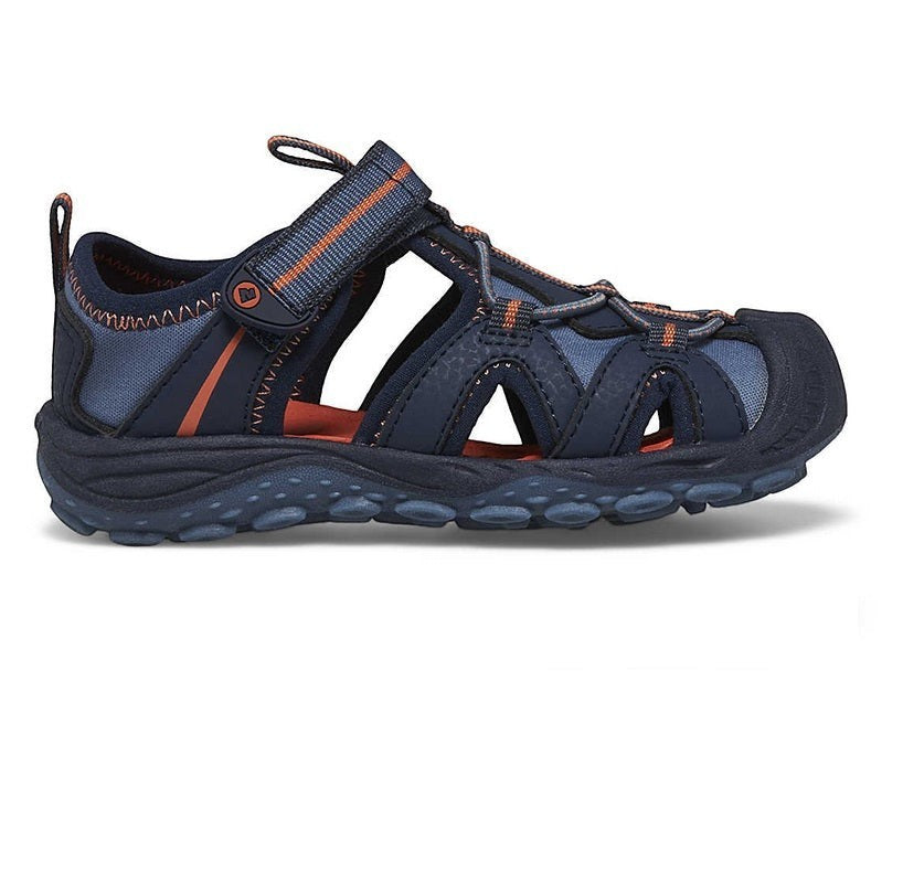 Allen's Bootery Merrell Hydro 2 Jr. navy and orange water-friendly toddler sandal with hook and loop closure.