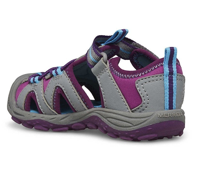 Allen's Bootery Merrell Hydro 2 toddler water sandal in grey and berry with hook and loop closure and toe bumper