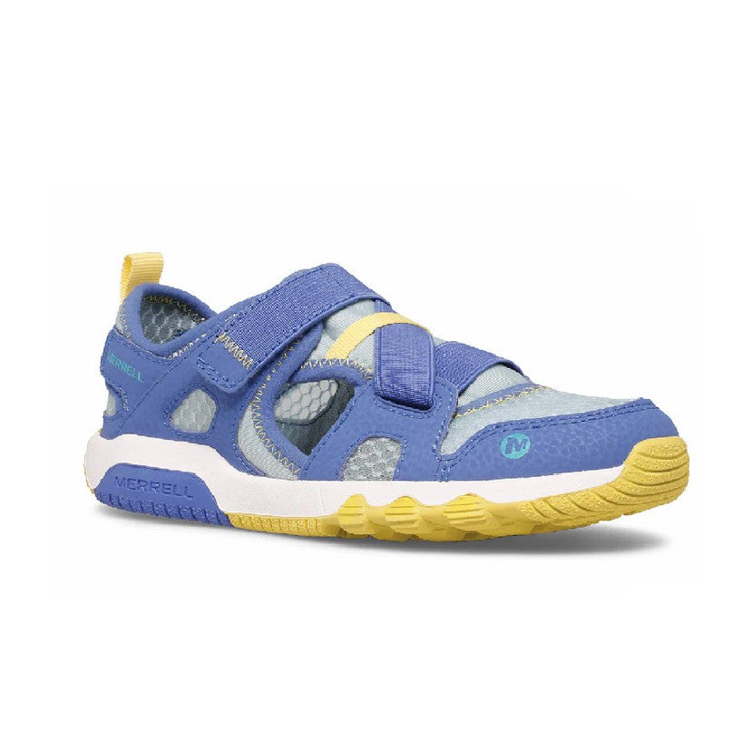 Allen's Bootery Hydro Free water sandal for kids in blue and limelight with cross strap closure and flexible sole.