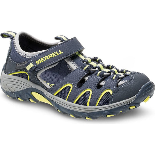 Allen's Bootery Merrell navy and lime leather water hiker sandal for kids with hook and loop closure