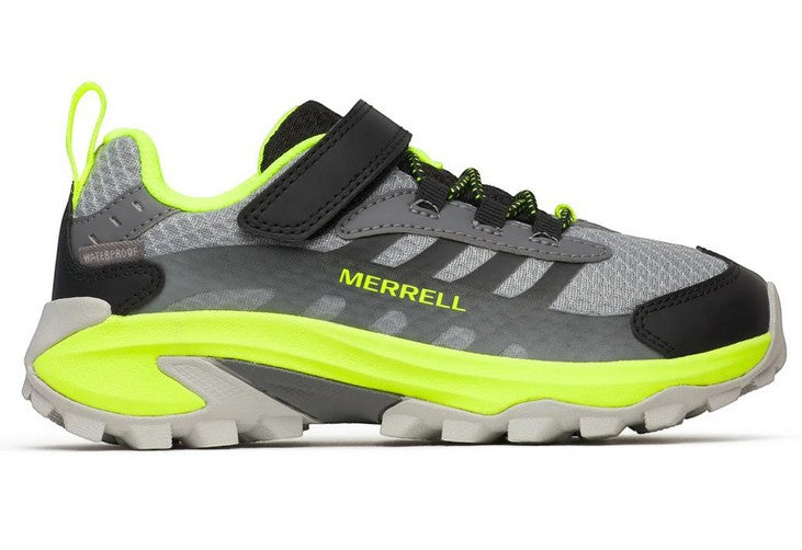Allen's Bootery Merrell Moab Speed 2 waterproof kids' hiking sneaker in grey, black, and neon yellow.