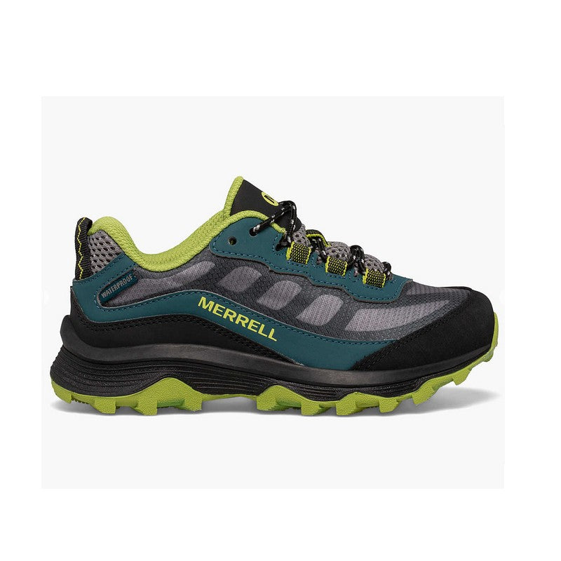 Allen's Bootery Merrell Moab Speed waterproof hiking sneaker for kids in deep green, grey, and black with rubber sole.