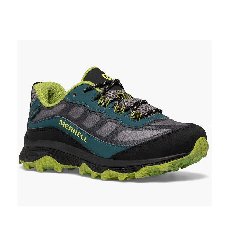 Allen's Bootery Merrell Moab Speed Low waterproof hiking sneaker for kids in deep green, grey, and lime accents.