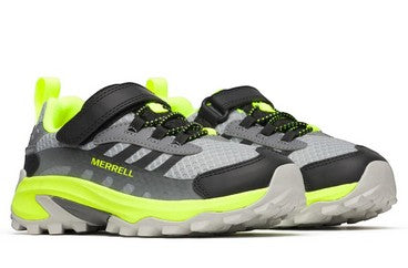 Allen's Bootery Merrell Moab Speed 2 waterproof kids hiking sneakers in grey, black, and neon yellow with hook-and-loop closure.