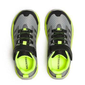 Allen's Bootery kids Merrell Moab Speed 2 waterproof hiking sneakers in grey, black, and neon yellow with hook-and-loop.