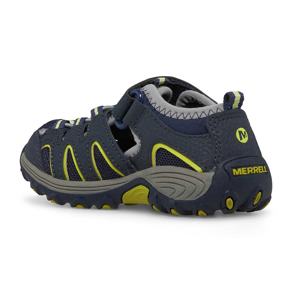Allen's Bootery Merrell Hydro H2O Hiker navy and lime leather water sandal with hook and loop closure