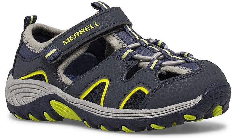 Allen's Bootery Merrell Hydro H2O Hiker toddler sandal in navy leather with lime green accents and hook-loop closure