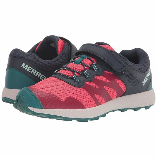 Allen's Bootery Merrell NOVA 2 navy and coral trail running shoes for kids with hook and loop closure and mesh upper.