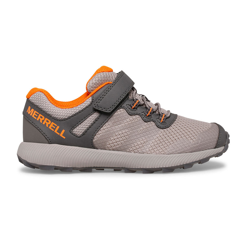 Allen's Bootery Merrell Nova 2 kids' grey and orange trail running shoe with hook-and-loop strap and mesh upper.