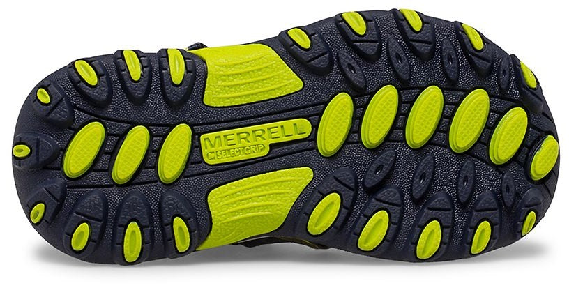 Allen's Bootery Merrell Hydro H2O Hiker sandal outsole in navy and lime with non-marking grip traction pattern