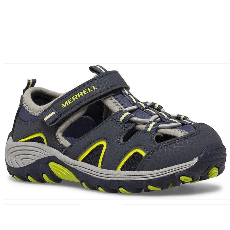 Allen's Bootery Merrell Hydro H2O Hiker toddler sandal in navy and lime with leather upper and hook-and-loop closure.