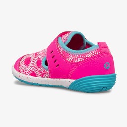 Allen's Bootery Merrell BARE STEPS H2O toddler water shoes in berry pink and turquoise with a speckled rubber sole.