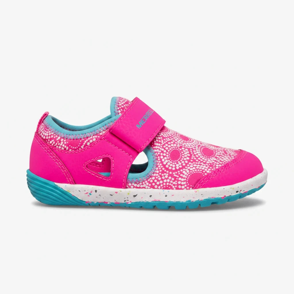 Allen's Bootery Merrell Bare Steps H2O toddler water shoe in berry pink and turquoise with a wide toe box