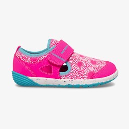 Allen's Bootery Merrell BARE STEPS H2O toddler water shoe in berry pink and turquoise with a white patterned upper.