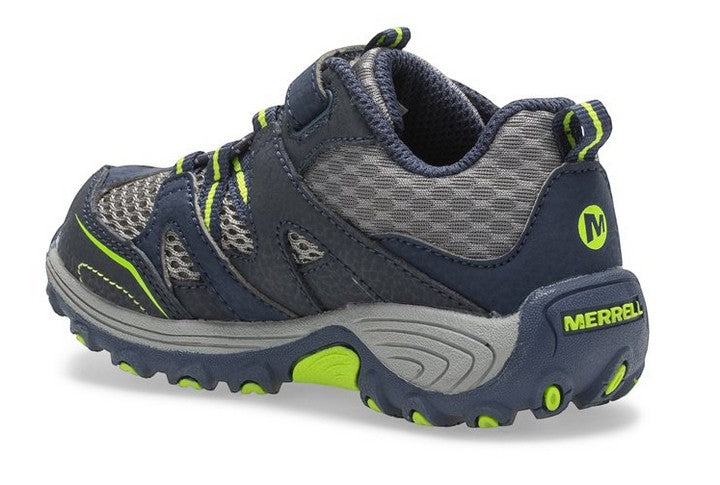 Allen's Bootery Merrell Trail Chaser Jr kids hiking shoe in navy and green with mesh upper and rubber outsole
